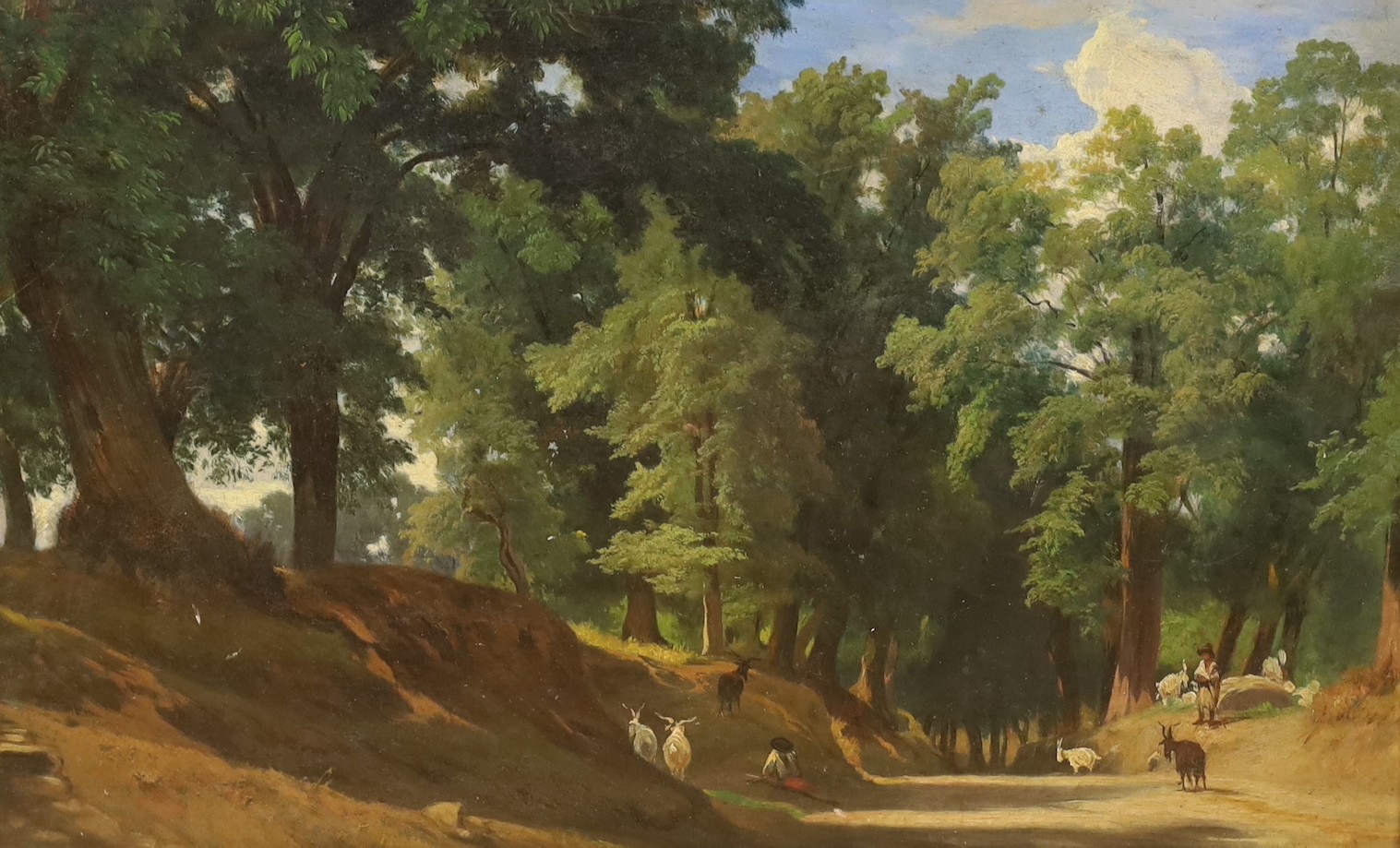 19th century English School, oil on board, Italian goatherders on a woodland path, 26 x 41cm